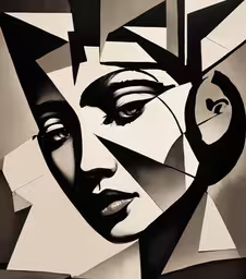 abstract painting of face with shapes,a black and white painting on a wall