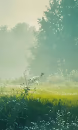 a misty park with grass, trees and water drops