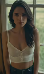 the woman in her underwear poses by a window