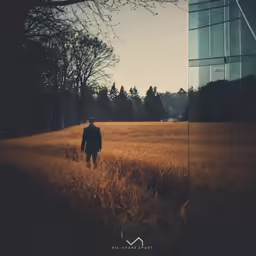 a man walking through a field next to an office building