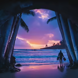 a surfer carrying his surfboard through a cave