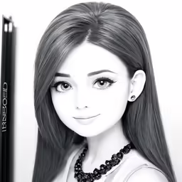 a close up of a person wearing a necklace and a pen