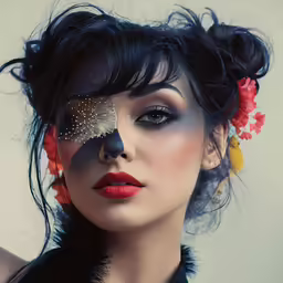 a woman with a painted face next to flowers