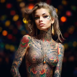 a beautiful woman with tattoos on her body,a woman with tattoos and piercings posing for a picture