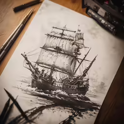 a drawing of a sailing ship near the coast