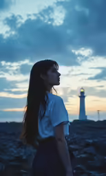 a girl in a short skirt and a lighthouse
