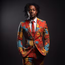 a man is dressed up and ready to perform a dance,a man in an unusual suit posing for the camera