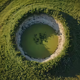 there is a pond surrounded by trees and grass