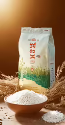 rice, a spoon, and wheat stalks with a sack of grain in the background