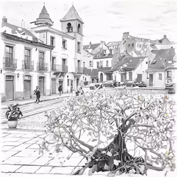 an old city street with an old tree in front