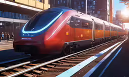 the electric train drives through the city with people,the train is going down the tracks on the rails