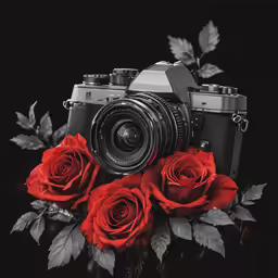 a photo with roses and a camera on it