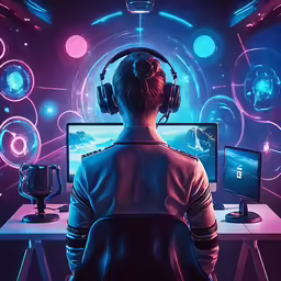 a man with headphones, a monitor and a pair of computers