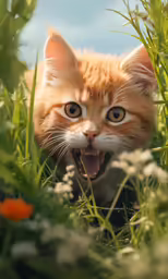 a kitten in a field of flowers and grass