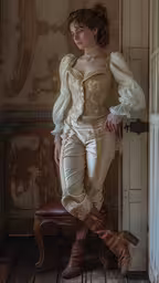 a woman sitting on a chair in a victorian dress,a women is wearing a long white dress with ruffle