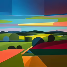 an abstract art print depicting green hills and blue skies