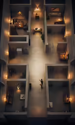 a long shot of someone who is standing in the middle of two floor units