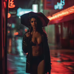 a woman in lingerie is standing in the rain,a woman in a bikini and jacket walks down the street at night