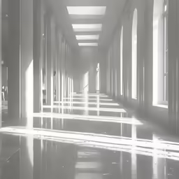 an empty hallway is lined with lots of pillars