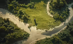 an aerial view of a grassy area next to some trees