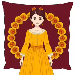 a girl standing in front of a sunflower wreath,the fridador with sunflowers is wearing an orange dress,a cartoon girl in a yellow dress surrounded by sunflowers,a woman dressed in a yellow dress is standing in front of a pillow with flowers on it,woman in orange dress surrounded by sunflowers