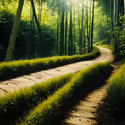 the light shines in the distance behind tall green trees