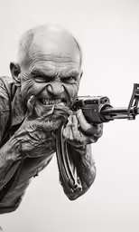 an old man with the weapon in his mouth