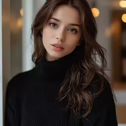 young woman posing for the camera wearing a black turtleneck sweater