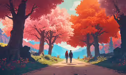 two people walking down a street covered with trees,people walking down a street in a colorful landscape