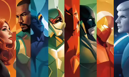 the avengers characters, from left to right tony leerjoker, iron man, captain america and carol jane