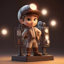 cartoon character of the train conductor poses with a signal