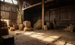 an old barn has stacked hay on the floor and old wooden buckets