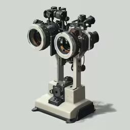 two lenses mounted on a platform on a grey background