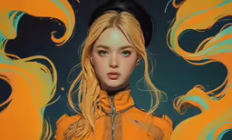 the photo shows a woman wearing a hat and orange clothes