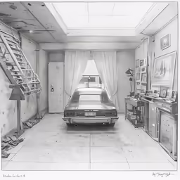 a car sitting in a room with stairs
