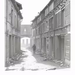 an old street with old buildings that have been destroyed