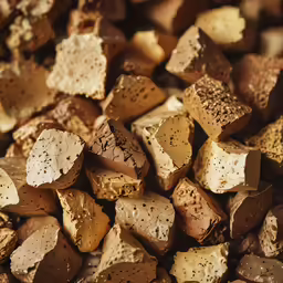 gold and brown cubes of food are piled on each other