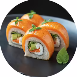 three pieces of sushi with tomato and avocado on them