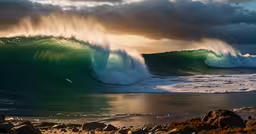 a wave crashes against the beach at sunset,the view from the shore shows two large waves crashing into the shore