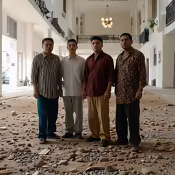 four men standing in front of rocks in a building