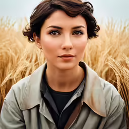 a woman with shoulder bag standing in wheat field
