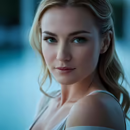 a woman with blonde hair looking at the camera