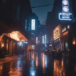 an empty street at night in a city with neon lights