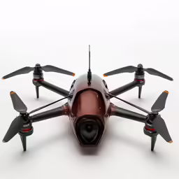 a black and brown unmanned with propellers flying over