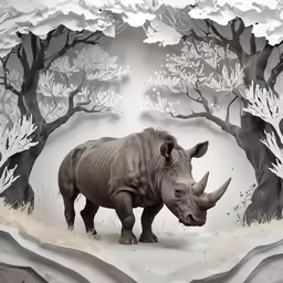 an artistic drawing of a rhino in the forest
