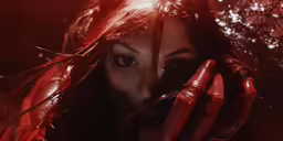 a girl with red paint on her face and hands is shown in the background