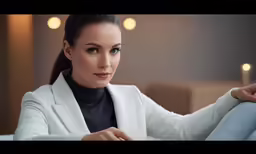 woman in white jacket and black turtle neck sitting