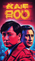 a movie poster with two men in red jackets on it,two asian men standing in front of a sign