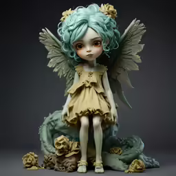 a little angel statue has green hair and blue eyes