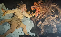 a woman reaching out at a dragon statue